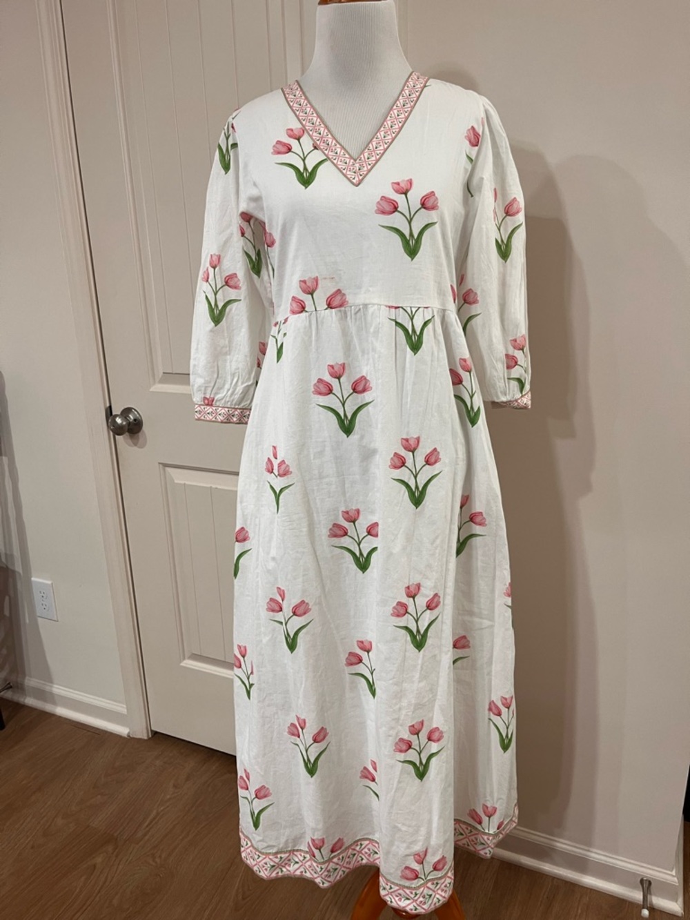 Victoria Dunn White Cotton Maxi Dress with Pink Tulip Print
